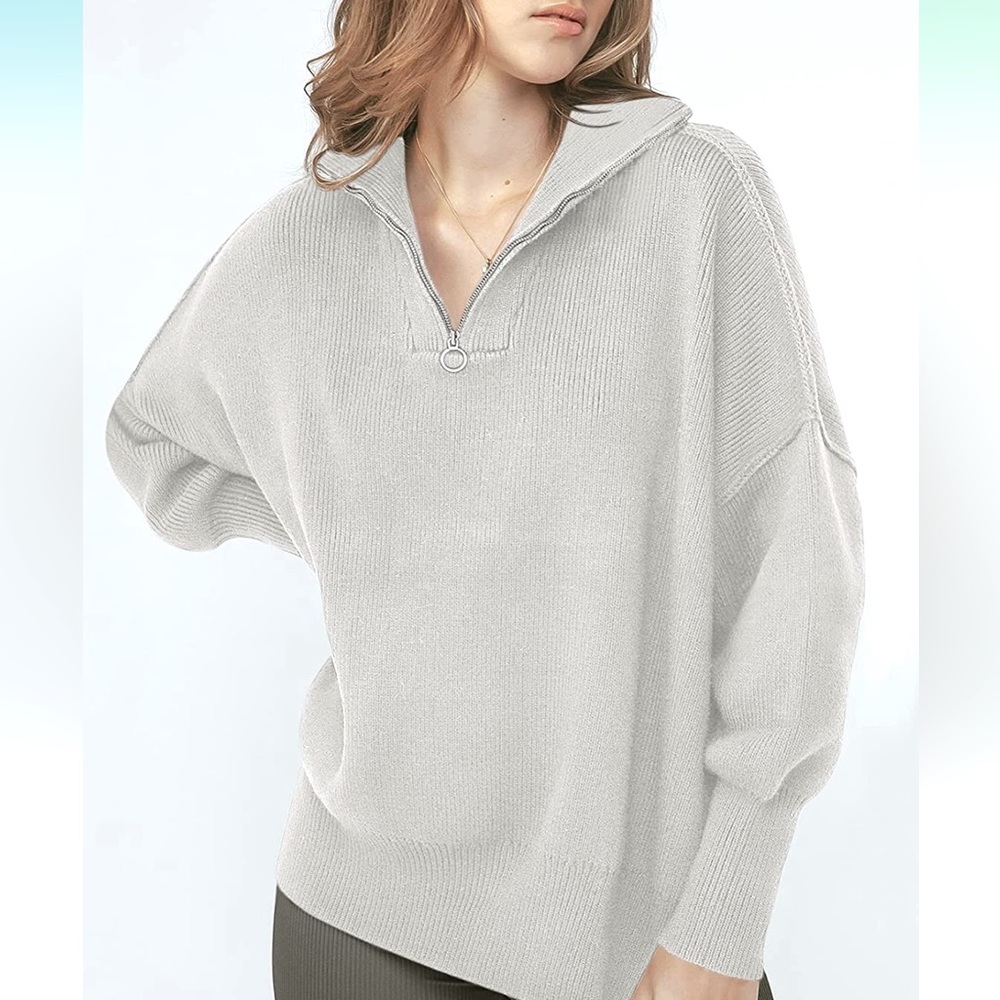 Long Sleeve 1/4 Zipper Collar Drop Shoulder Oversized Slouchy Sweater with Slit